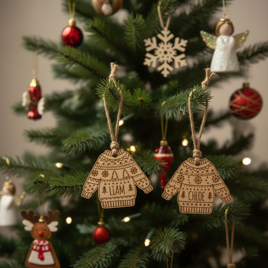 Personalized Wooden Sweater Ornament, Custom Name Christmas Decoration, Laser Engraved Holiday Keepsake Gift