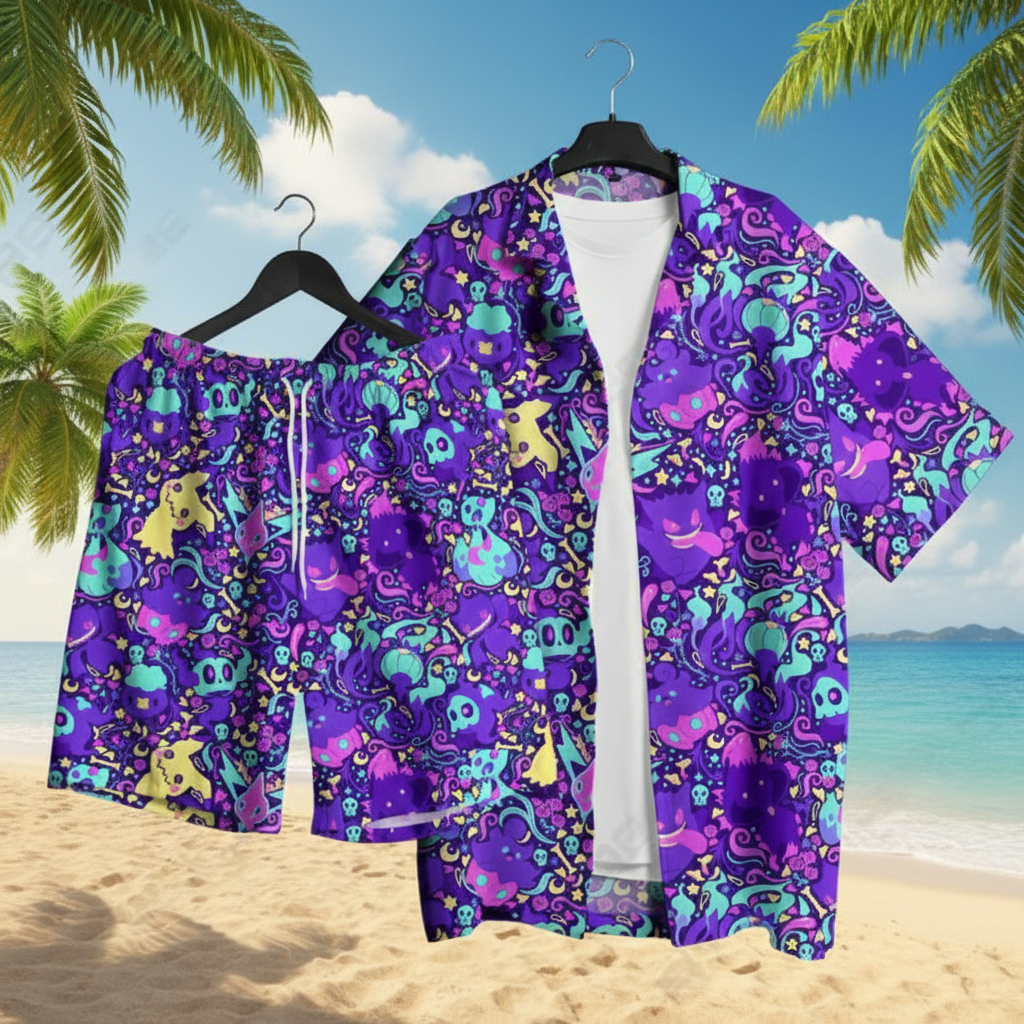 Gengar & Mimikyu Hawaiian Shirt - Tropical Button-Up Shirt, Summer Beach Shorts