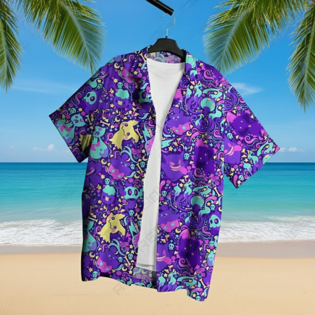 Gengar & Mimikyu Hawaiian Shirt - Tropical Button-Up Shirt, Summer Beach Shorts