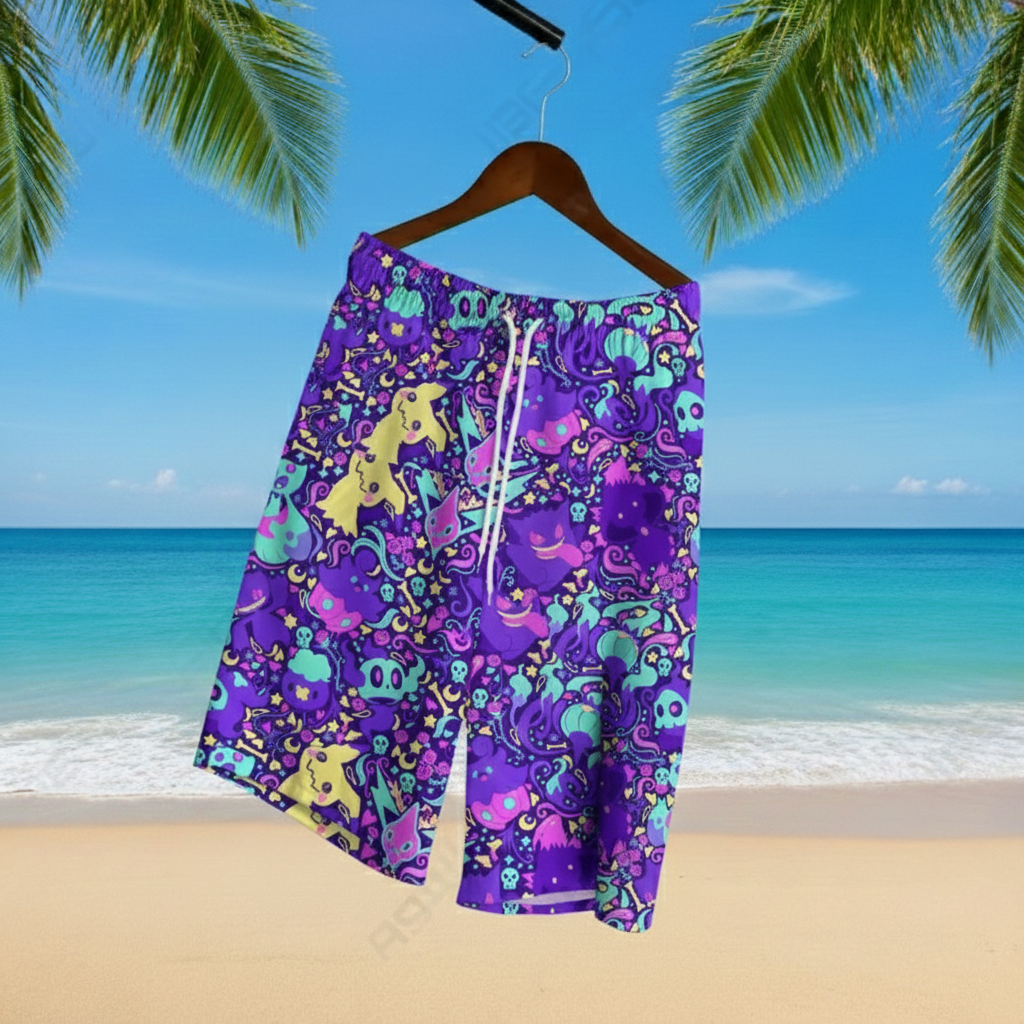 Gengar & Mimikyu Hawaiian Shirt - Tropical Button-Up Shirt, Summer Beach Shorts