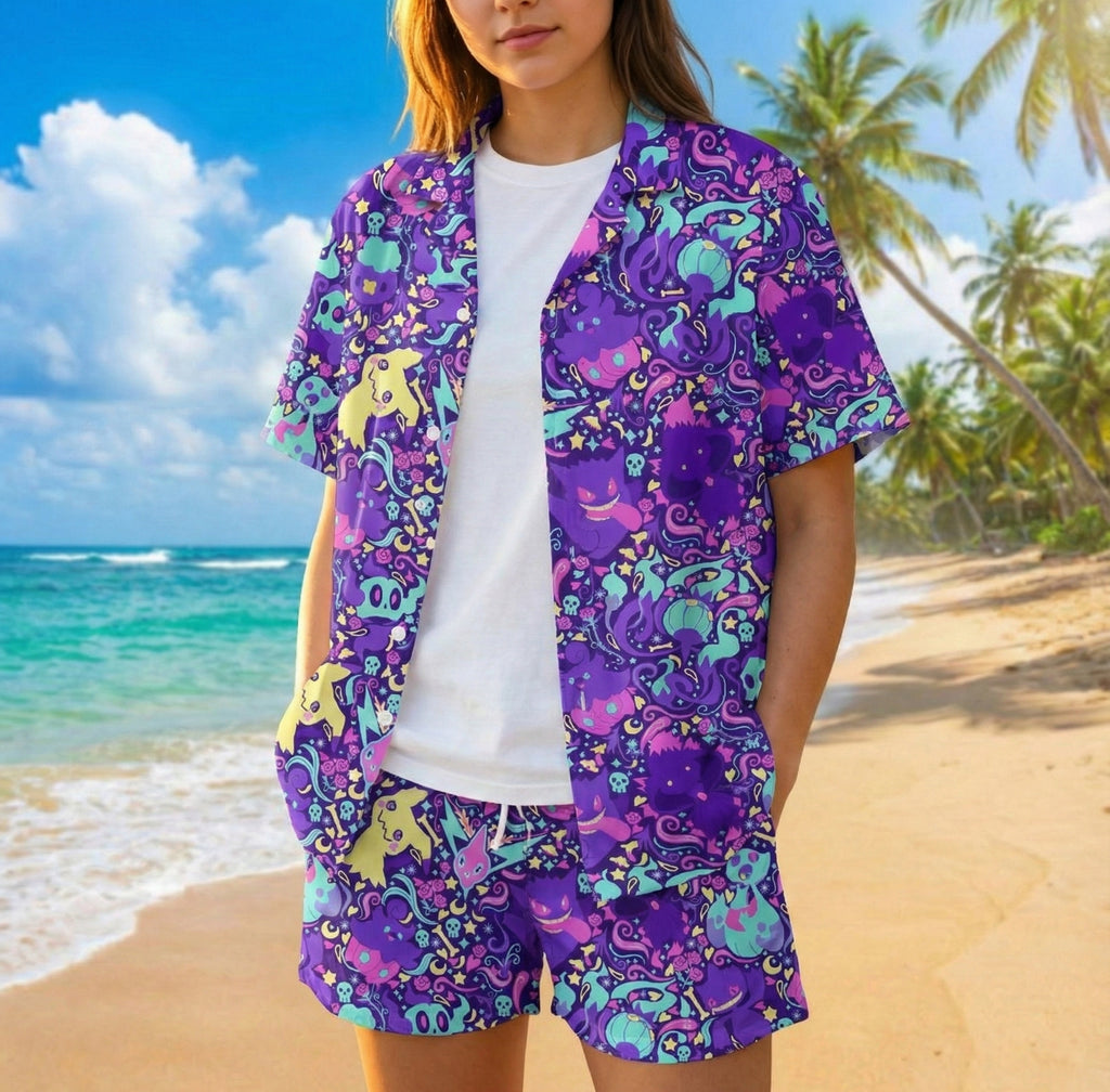 Gengar & Mimikyu Hawaiian Shirt - Tropical Button-Up Shirt, Summer Beach Shorts