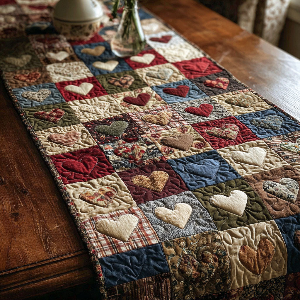 Gentle Hearts Melody Quilted Table Runner BTO2001011, Valentine’s Day Table Runner with Heart Pattern