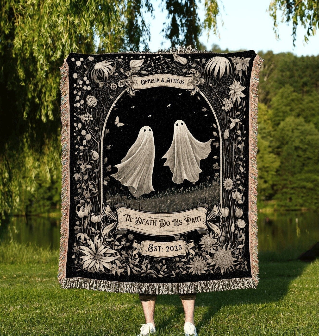Halloween Custom Gifts, Ghost Couple 'Till Death Do Us Part', Personalized Wedding Blanket Spooky Halloween Tapestry Woven Ghost Gifts His & Hers Anniversary Gifts