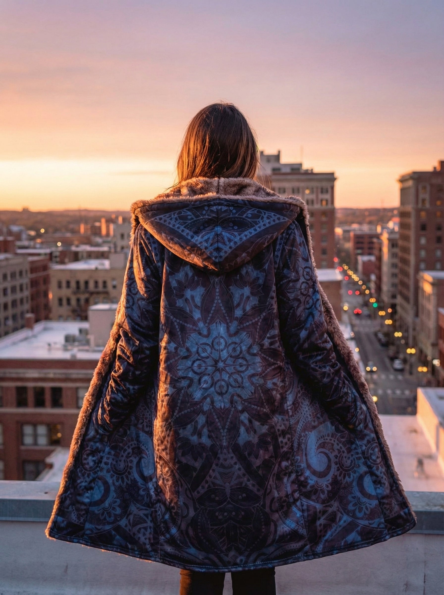 Ghost Mandala Dream Cloak – Mystic Mandala Hooded Cloak with Faux Fur Lining, Dark Fantasy Winter Cape