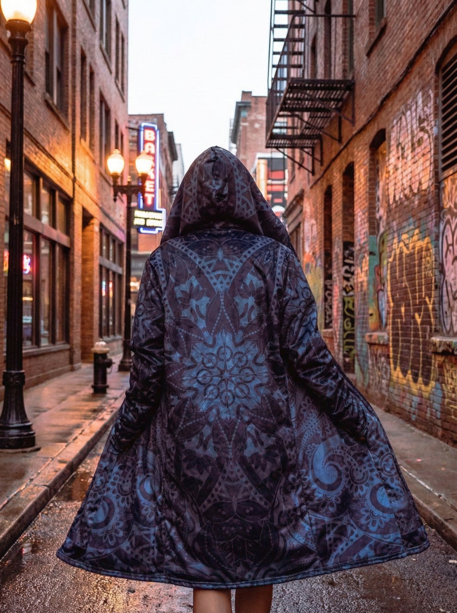 Ghost Mandala Dream Cloak – Mystic Mandala Hooded Cloak with Faux Fur Lining, Dark Fantasy Winter Cape