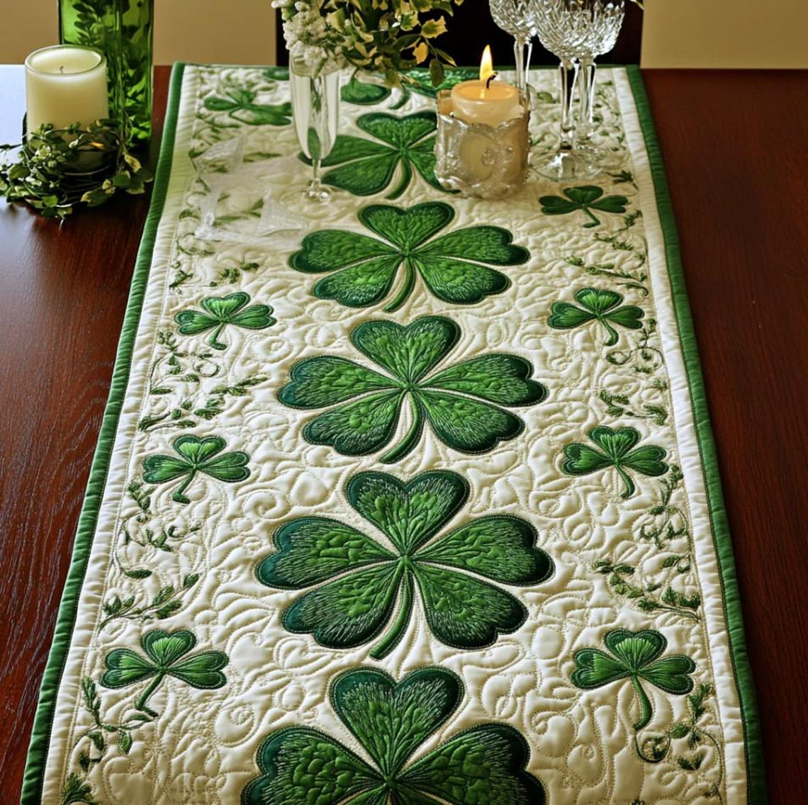 St. Patrick’s Day Quilted Table Runner - Green Shamrock Clover Table Decor for Dining Table