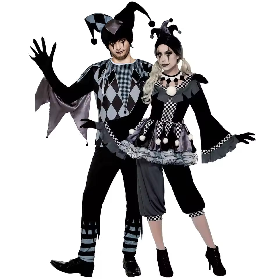 Halloween Costumes, Halloween Evil Clown Couple Costume, Black Circus Cosplay for Men & Women, Funny Scary Jester Outfit, Carnival Party Masquerade Set