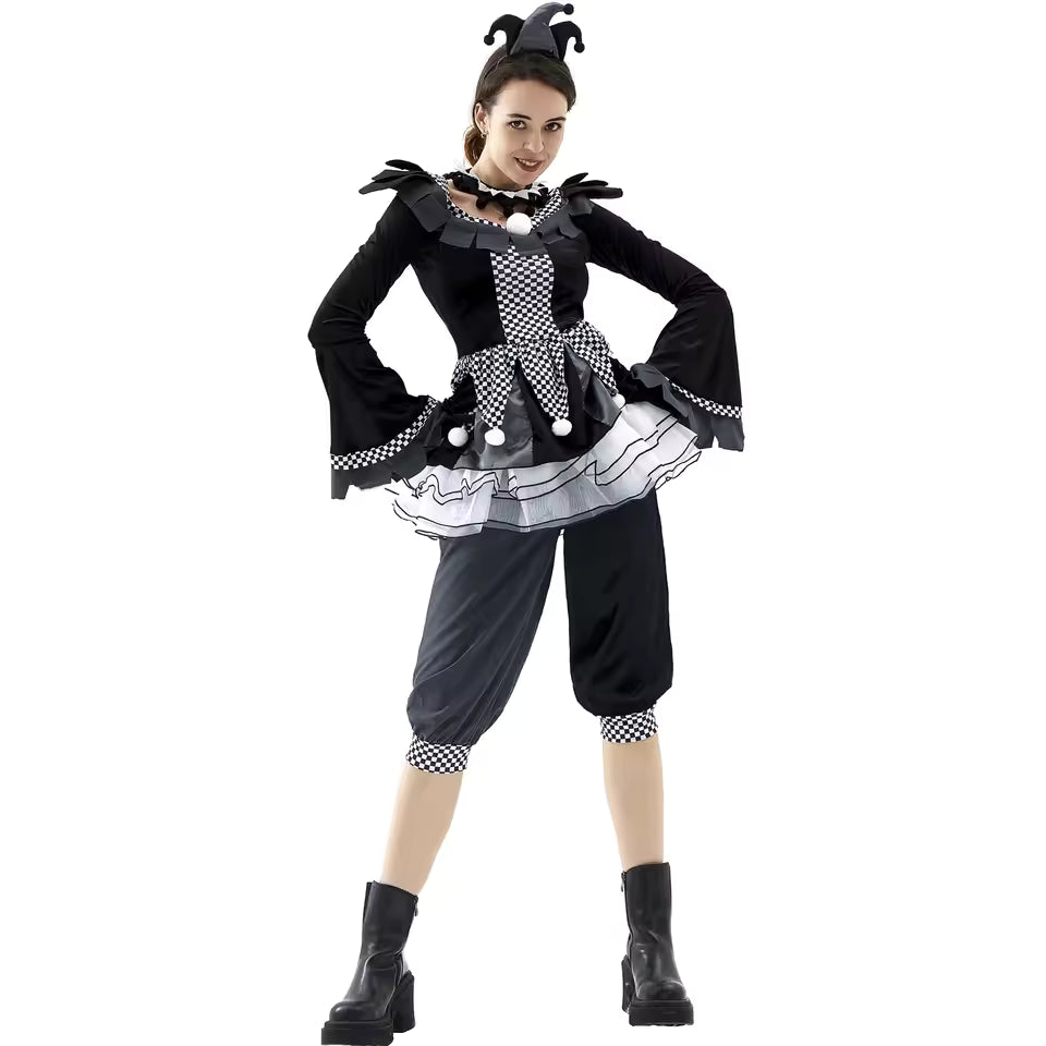 Halloween Costumes, Halloween Evil Clown Couple Costume, Black Circus Cosplay for Men & Women, Funny Scary Jester Outfit, Carnival Party Masquerade Set