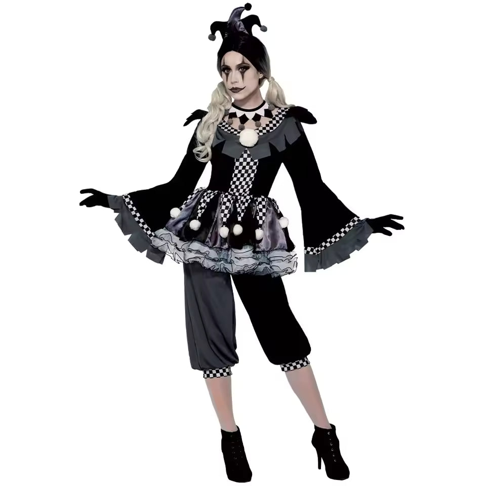 Halloween Costumes, Halloween Evil Clown Couple Costume, Black Circus Cosplay for Men & Women, Funny Scary Jester Outfit, Carnival Party Masquerade Set