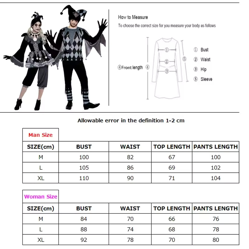 Halloween Costumes, Halloween Evil Clown Couple Costume, Black Circus Cosplay for Men & Women, Funny Scary Jester Outfit, Carnival Party Masquerade Set
