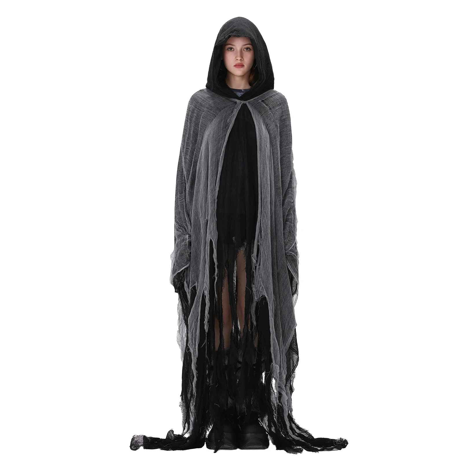 Halloween Costumes, Halloween Grim Reaper Witch Cloak with Hood, Ripped Cape for Men & Women, Unisex Adult Cosplay Costume Prop for Party or Stage Show