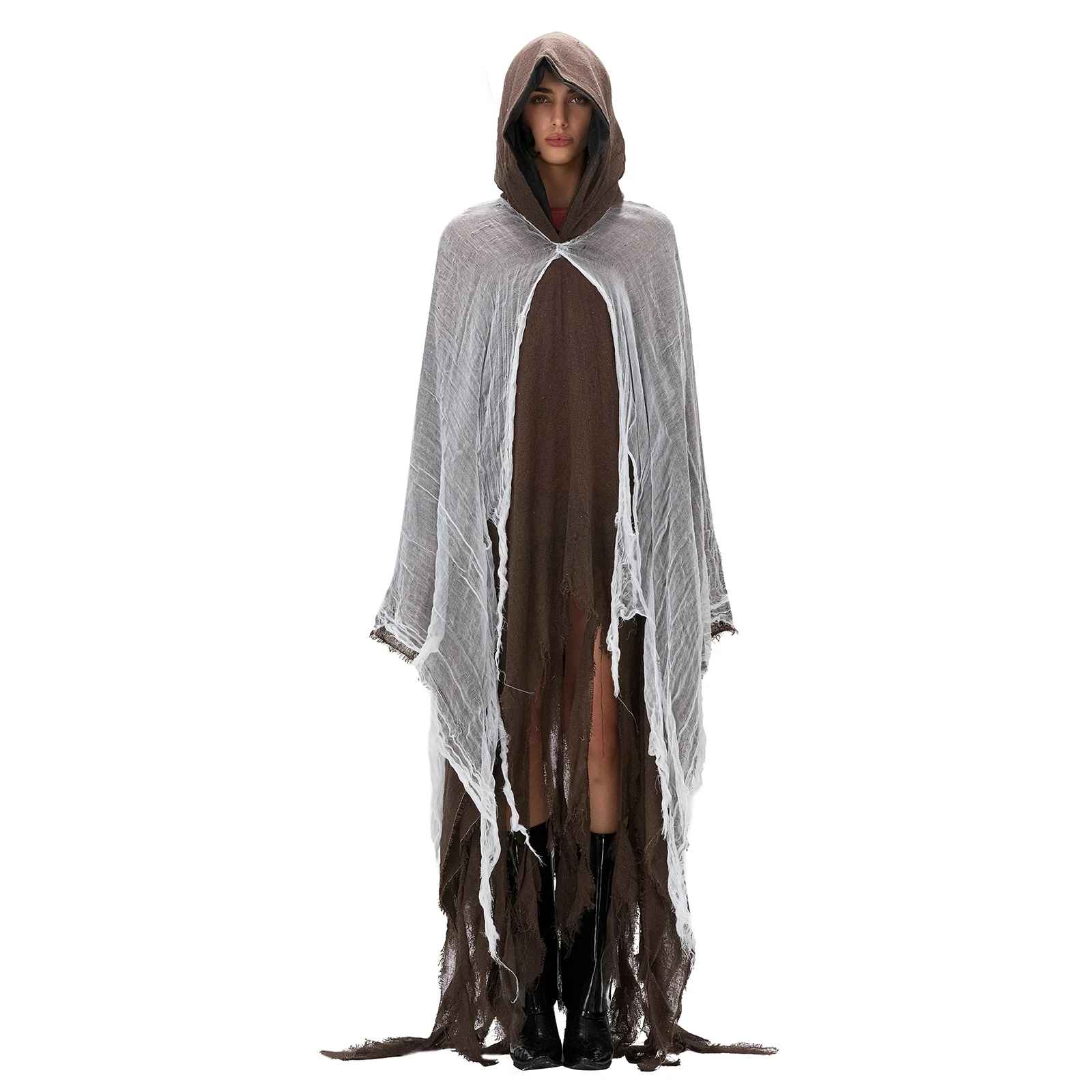 Halloween Costumes, Halloween Grim Reaper Witch Cloak with Hood, Ripped Cape for Men & Women, Unisex Adult Cosplay Costume Prop for Party or Stage Show