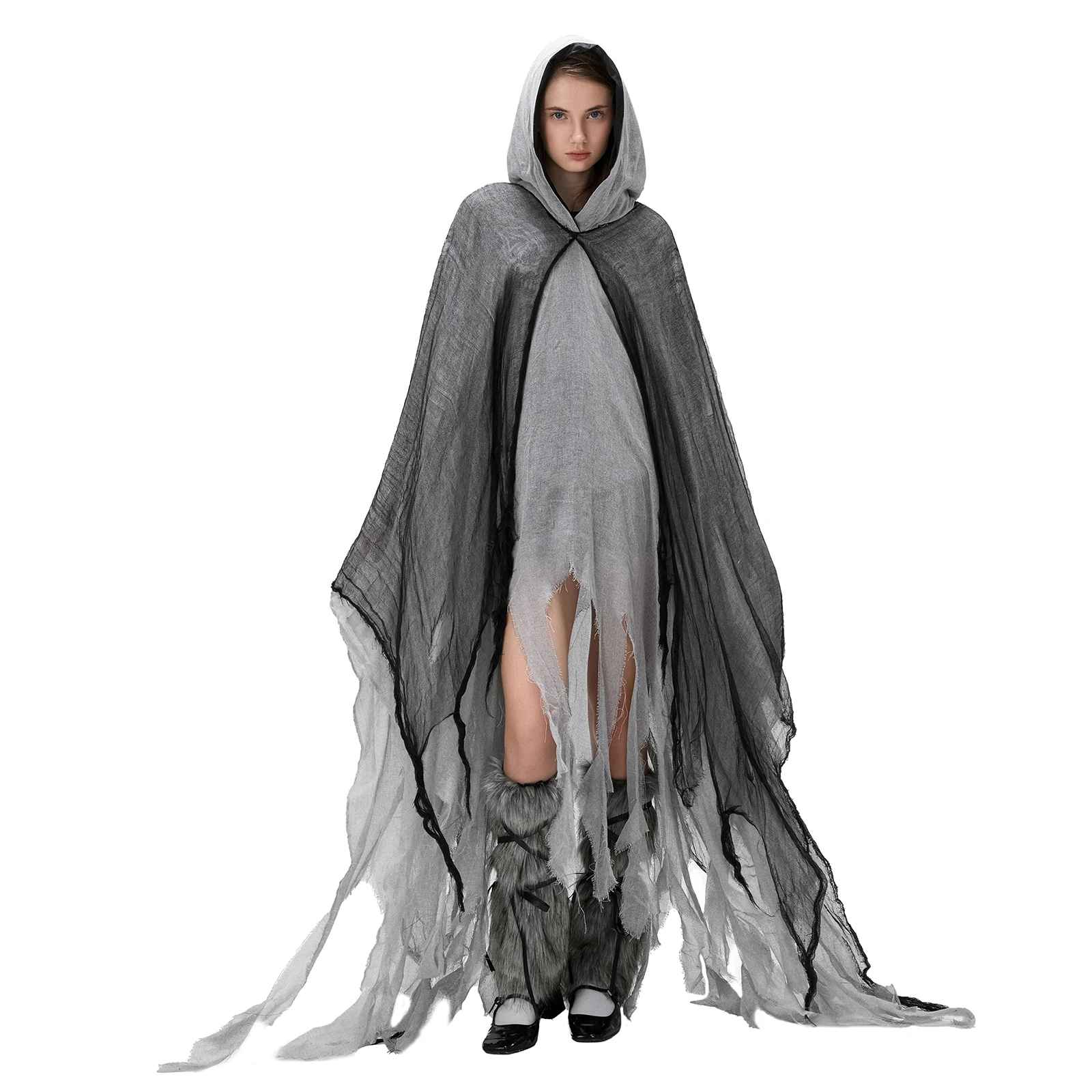 Halloween Costumes, Halloween Grim Reaper Witch Cloak with Hood, Ripped Cape for Men & Women, Unisex Adult Cosplay Costume Prop for Party or Stage Show