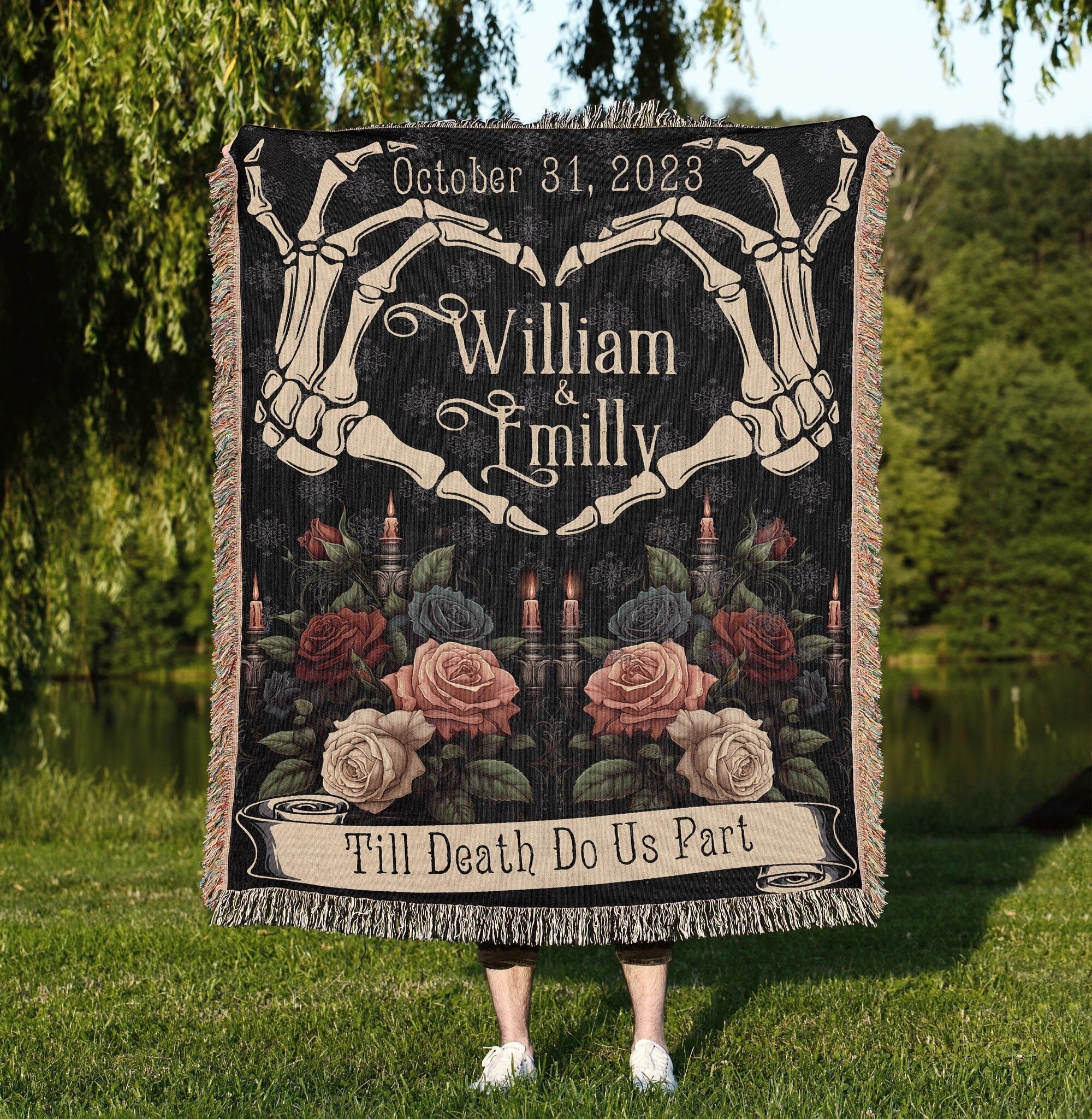 Halloween Custom Gifts, Hand Heart Woven Blanket, Custom Skeleton Couple Gift, Til Death Do Us Part Tapestry, Personalized Goth Wedding Gift