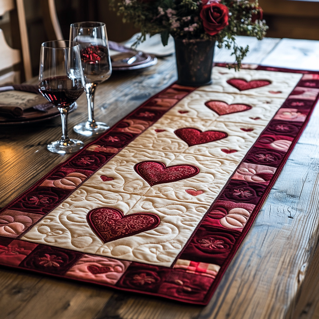 Heart Blooming Quilted Table Runner BTO2001016, Valentine’s Day Table Runner with Heart Pattern
