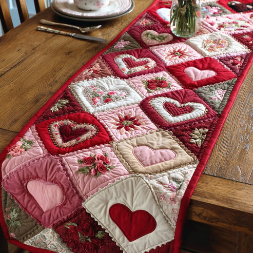 Heart Bouquet Quilted Table Runner BTO2001037, Valentine’s Day Table Runner with Heart Pattern