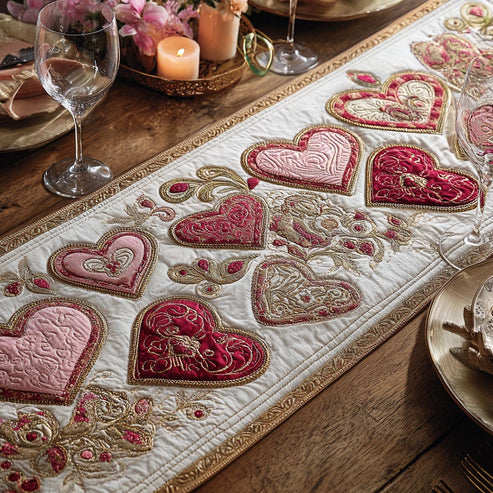 Heart Harmony Quilted Table Runner BTO2001038, Valentine’s Day Table Runner with Heart Pattern