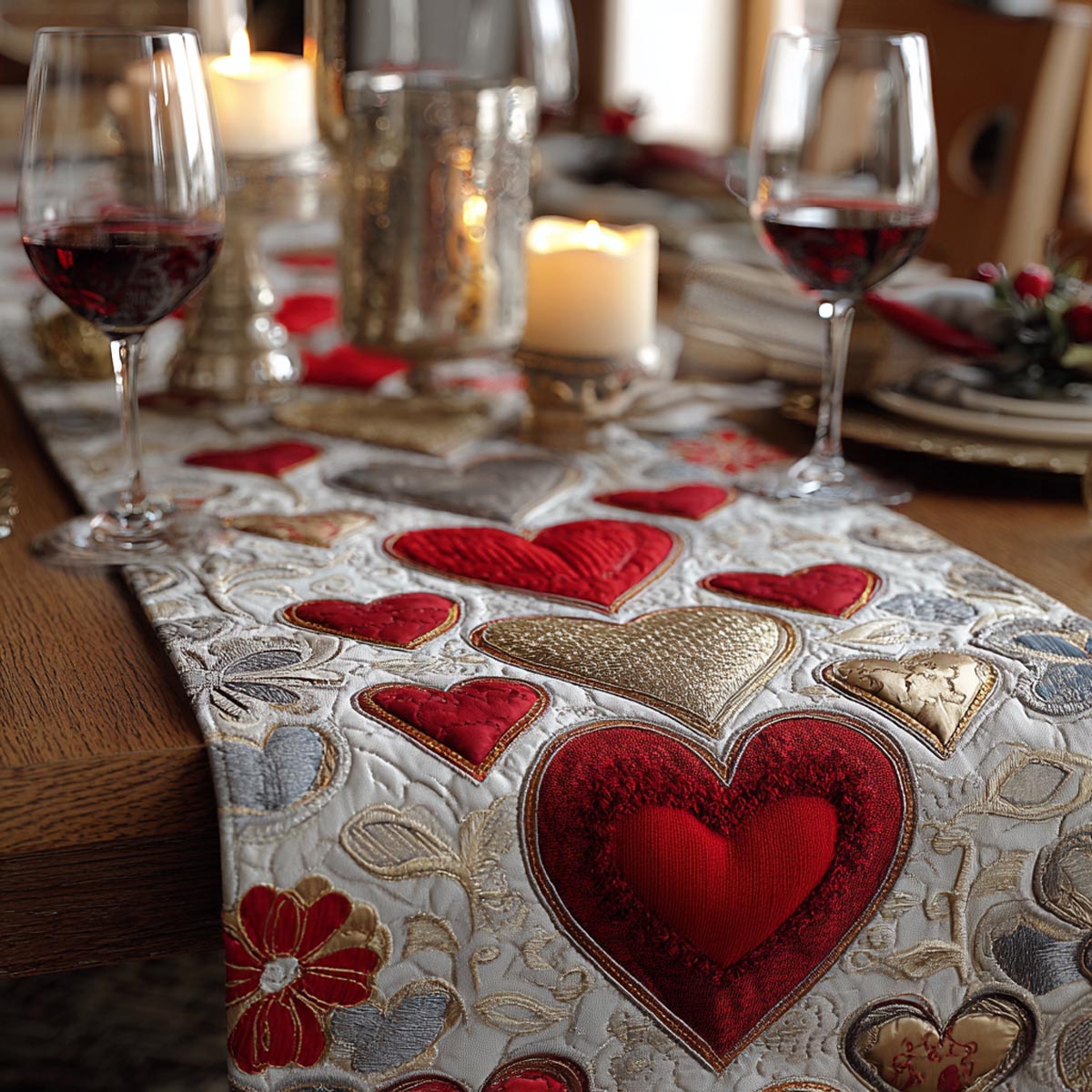 Heart Melody Quilted Table Runner BTO2001023, Valentine’s Day Table Runner with Heart Pattern