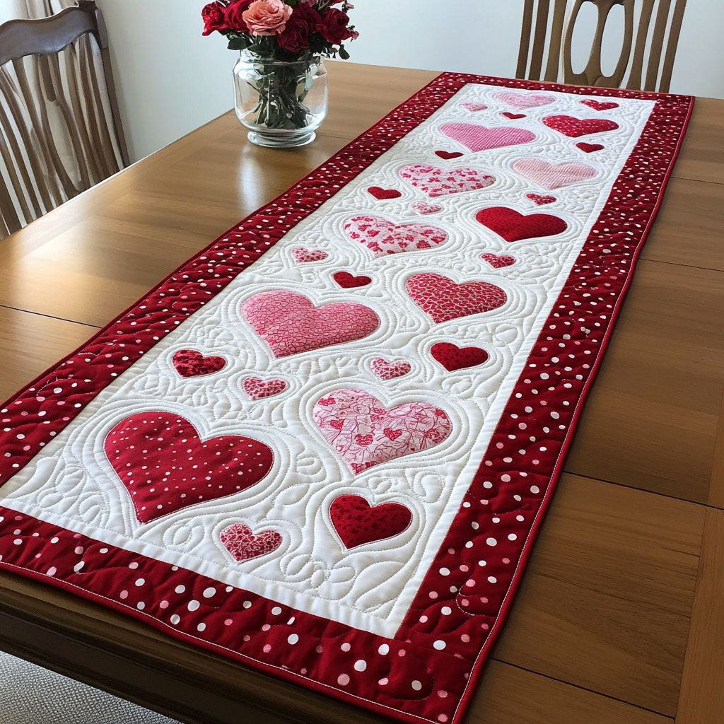 Heartstrings Melody Quilted Table Runner BTO2001010, Valentine’s Day Table Runner with Heart Pattern