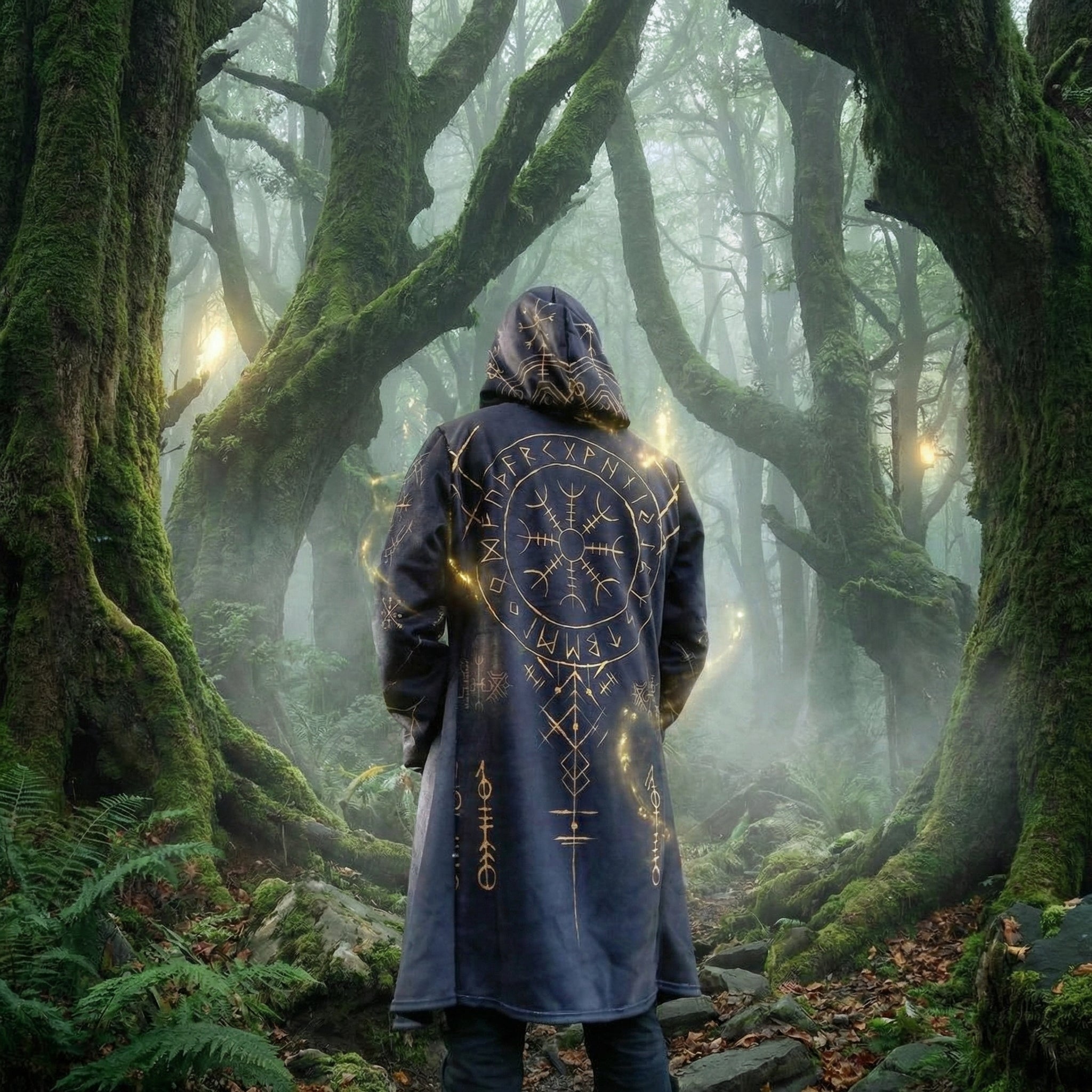 Helm of Awe Viking Cloak – Nordic Rune Hooded Cloak with Faux Fur Lining, Mystic Norse Symbol Winter Cape