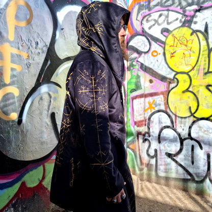 Helm of Awe Viking Cloak – Nordic Rune Hooded Cloak with Faux Fur Lining, Mystic Norse Symbol Winter Cape