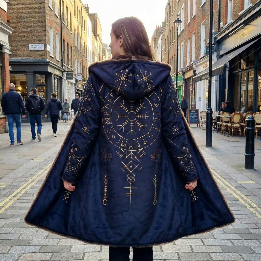 Helm of Awe Viking Cloak – Nordic Rune Hooded Cloak with Faux Fur Lining, Mystic Norse Symbol Winter Cape