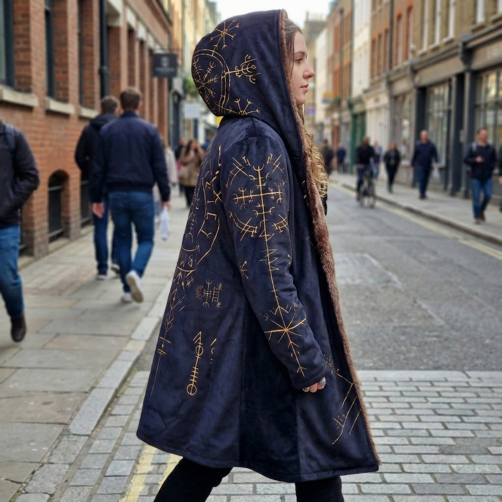 Helm of Awe Viking Cloak – Nordic Rune Hooded Cloak with Faux Fur Lining, Mystic Norse Symbol Winter Cape
