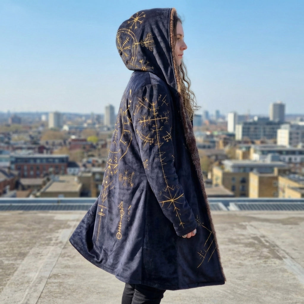 Helm of Awe Viking Cloak – Nordic Rune Hooded Cloak with Faux Fur Lining, Mystic Norse Symbol Winter Cape