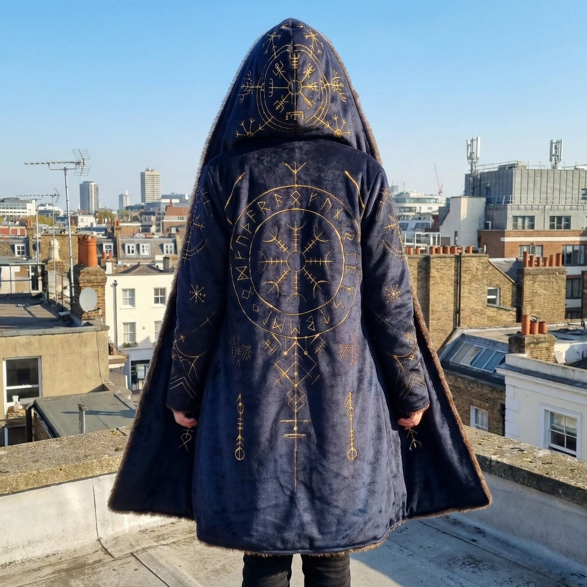 Helm of Awe Viking Cloak – Nordic Rune Hooded Cloak with Faux Fur Lining, Mystic Norse Symbol Winter Cape