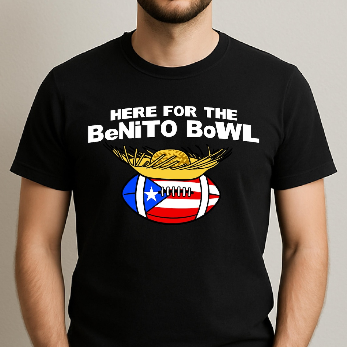 Here For The Benito Bowl Shirt – Benito Halftime Show LX American Football, Puerto Rico Boricua Graphic Tee