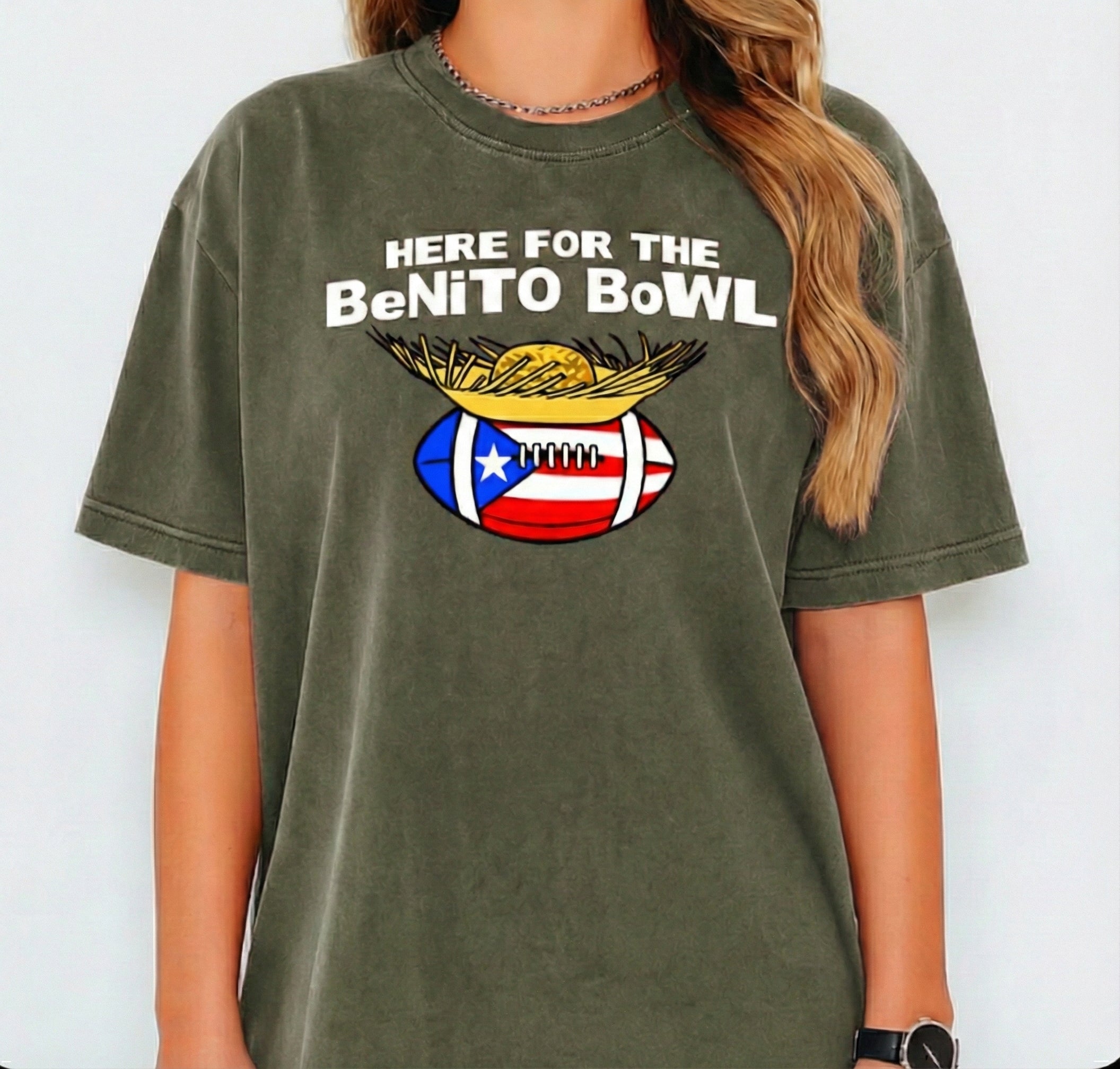 Here For The Benito Bowl Shirt – Benito Halftime Show LX American Football, Puerto Rico Boricua Graphic Tee
