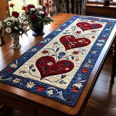 Home of the Brave Heart Quilted Table Runner BTO2001042, Valentine’s Day Table Runner with Heart Pattern