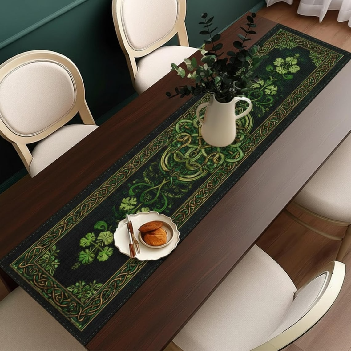 St. Patrick’s Day Celtic Table Runner - Irish Shamrock Green Clover Table Decor