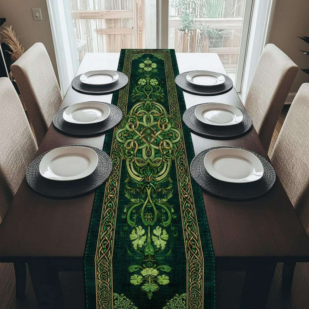 St. Patrick’s Day Celtic Table Runner - Irish Shamrock Green Clover Table Decor