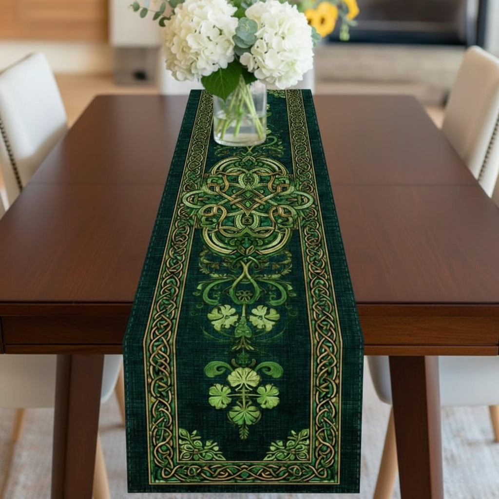 St. Patrick’s Day Celtic Table Runner - Irish Shamrock Green Clover Table Decor