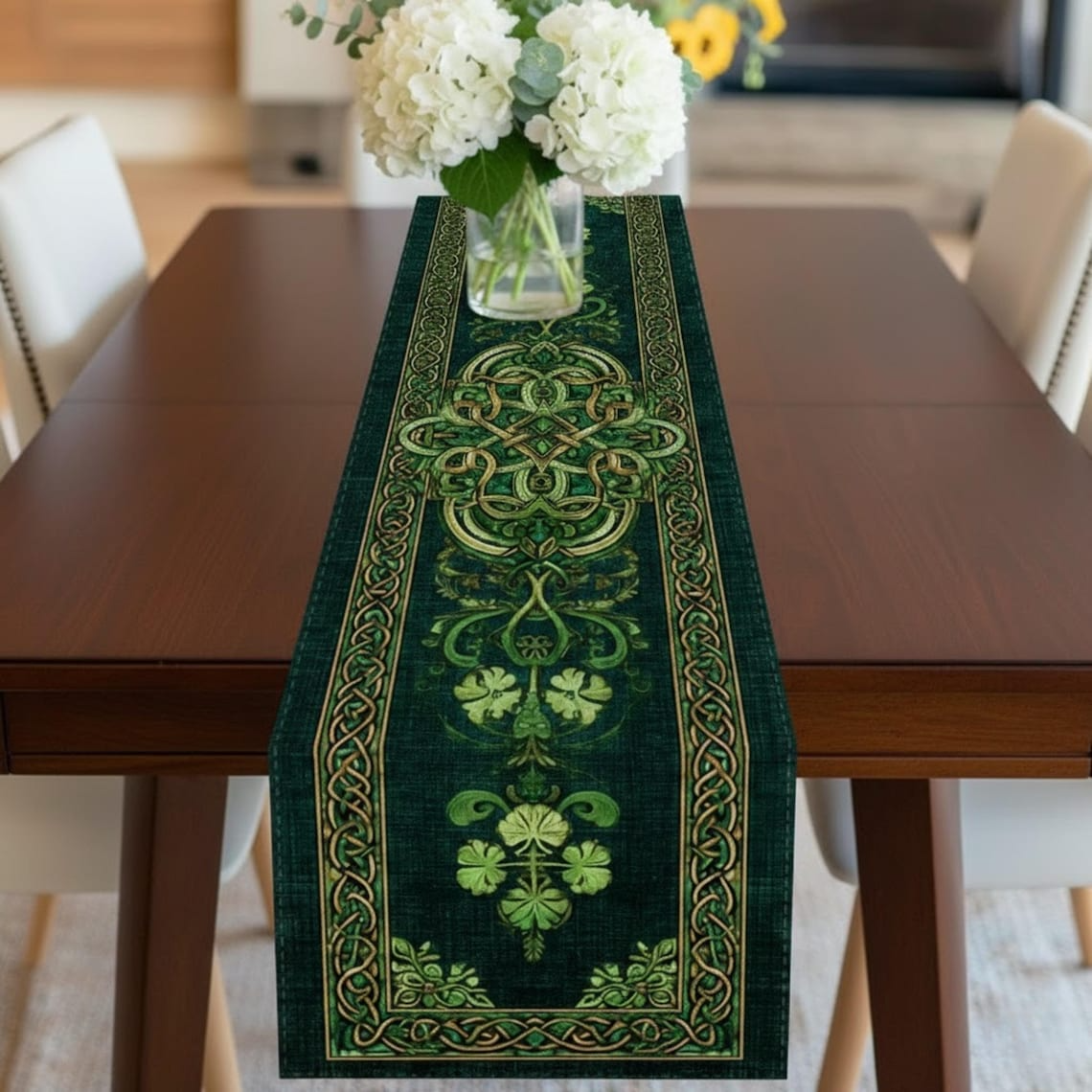 St. Patrick’s Day Celtic Table Runner - Irish Shamrock Green Clover Table Decor