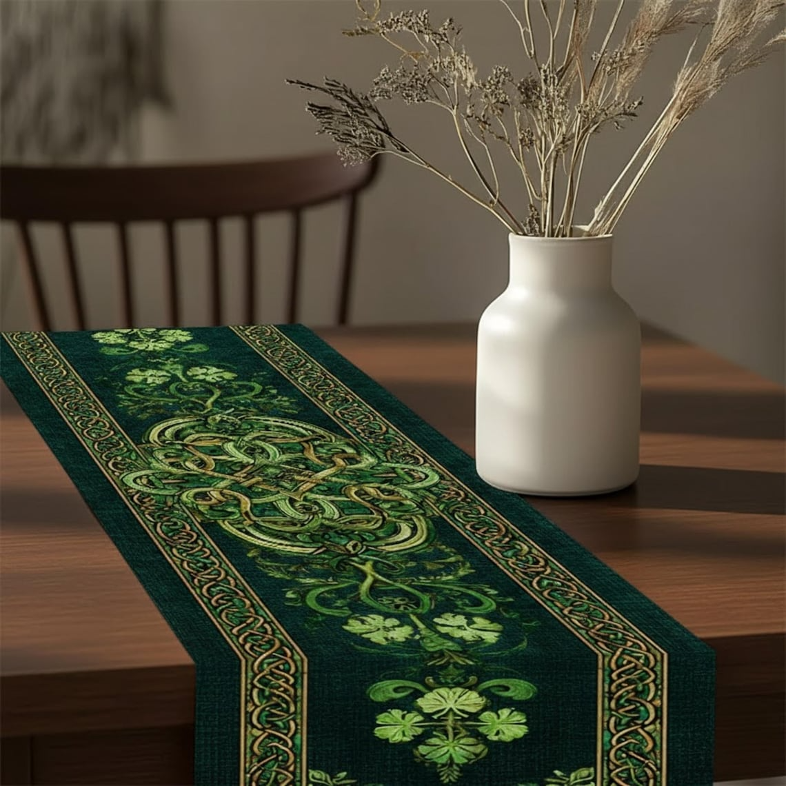 St. Patrick’s Day Celtic Table Runner - Irish Shamrock Green Clover Table Decor