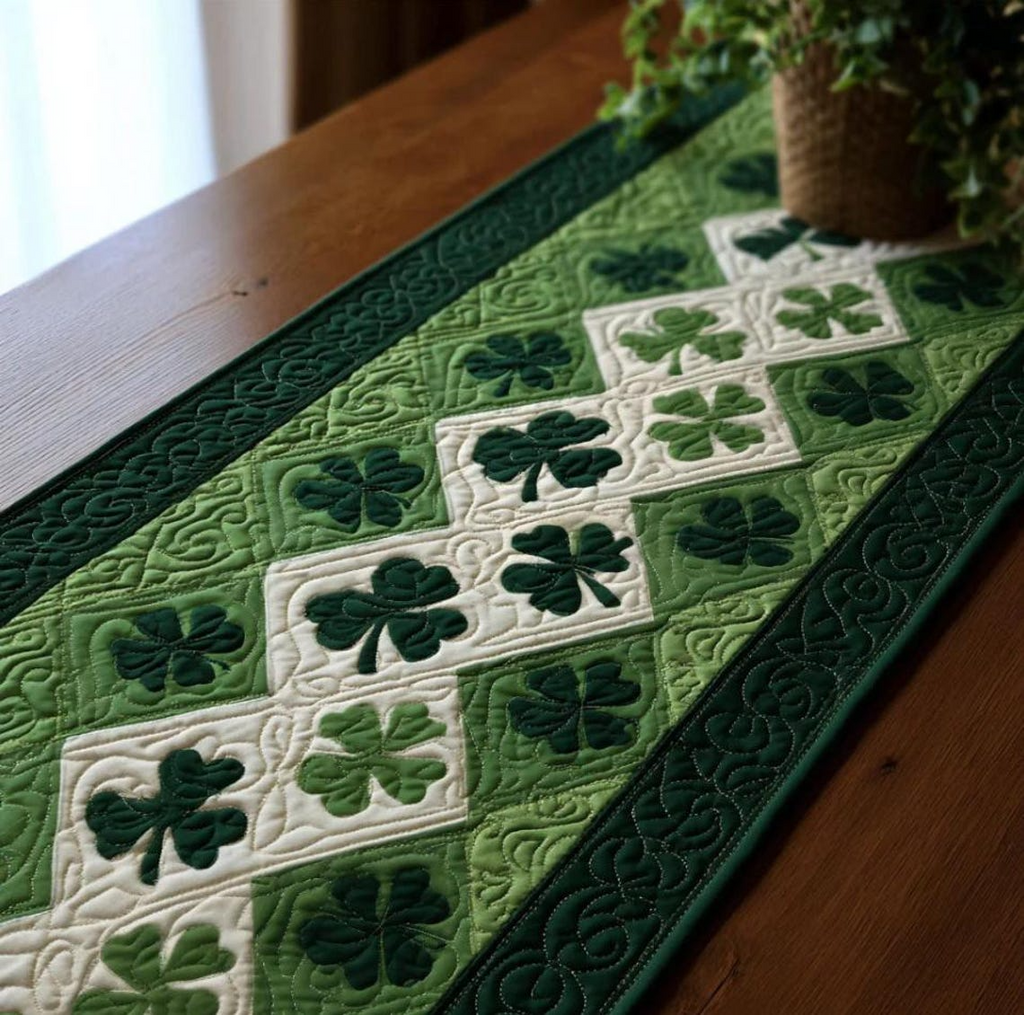 Irish Shamrock Quilted Table Runner - Green Table Decor for Kitchen and Dining Table
