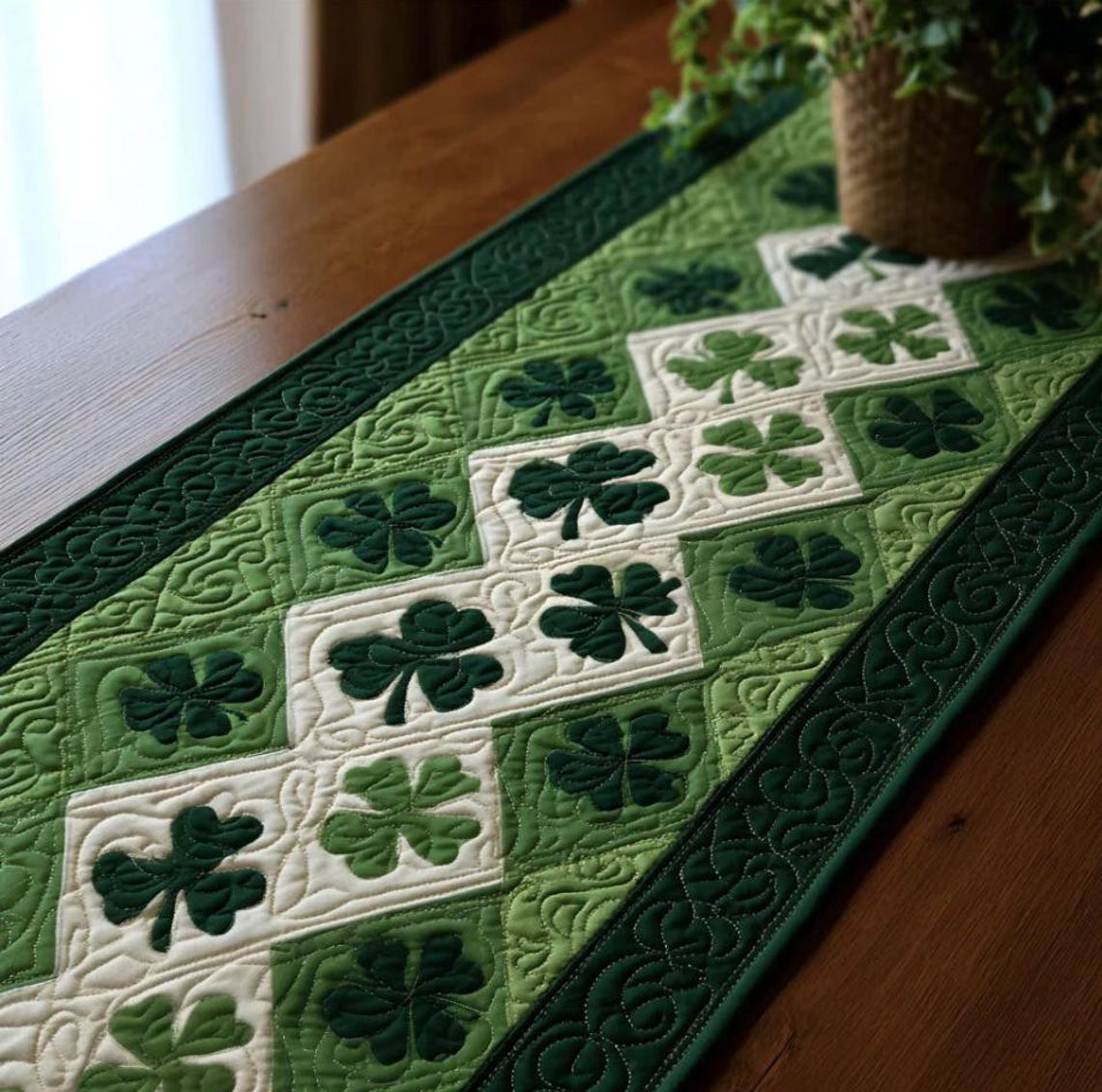 Irish Shamrock Quilted Table Runner - Green Table Decor for Kitchen and Dining Table
