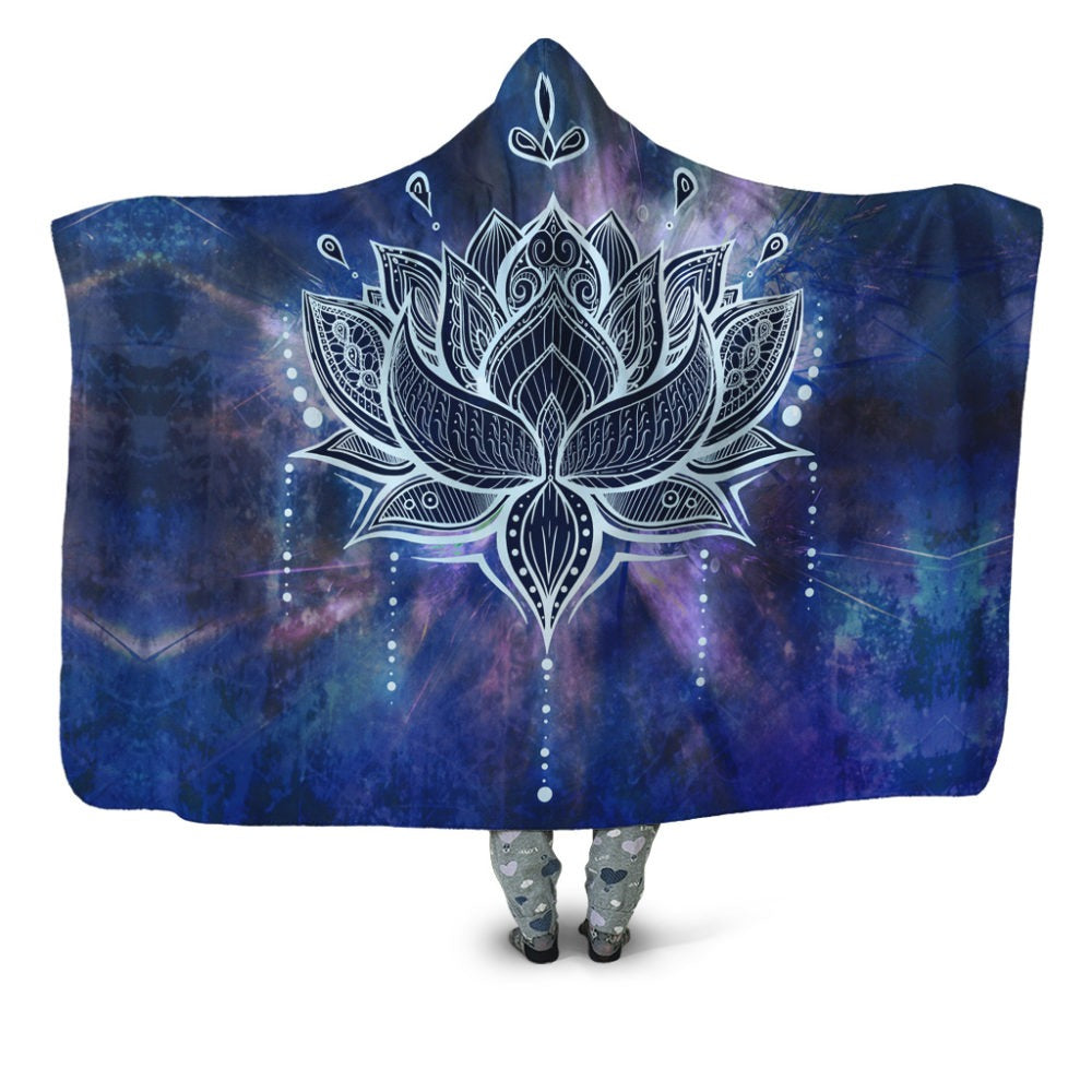Galaxy Lotus Mandala Hooded Blanket – Spiritual Boho Wearable Throw, Cozy Soft Blanket for Meditation, Yoga, Festival Gift Idea. BLKAC02