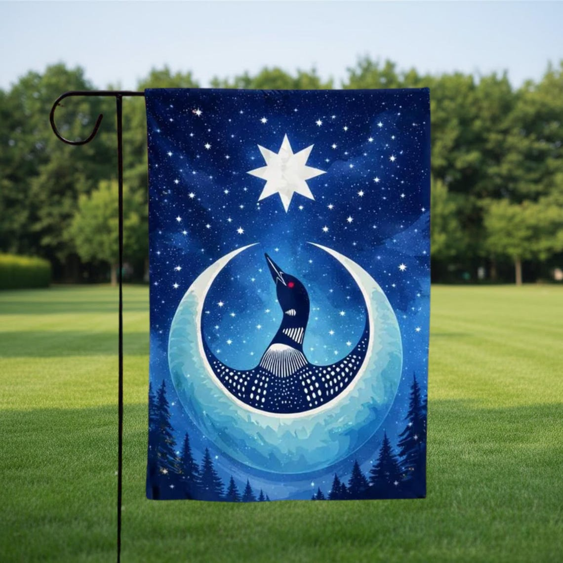 Loon Bird Garden Flag – Starry Crescent Moon Outdoor Yard