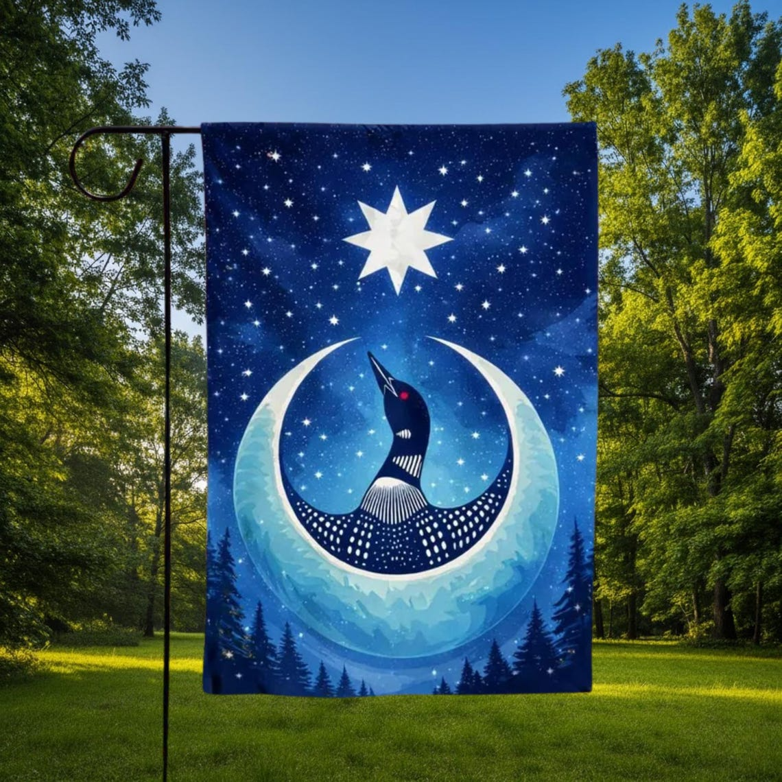 Loon Bird Garden Flag – Starry Crescent Moon Outdoor Yard