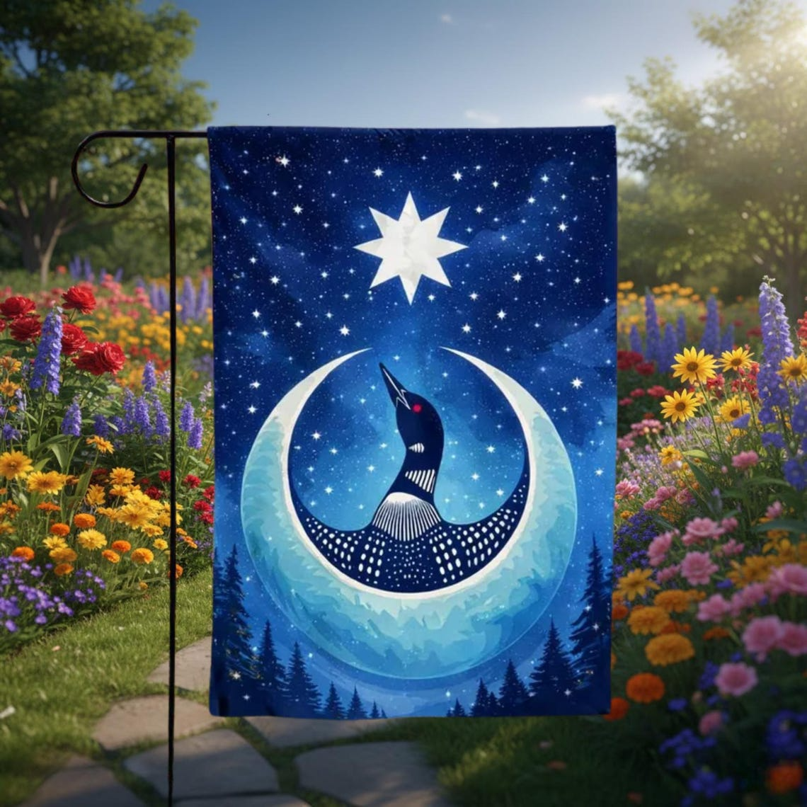 Loon Bird Garden Flag – Starry Crescent Moon Outdoor Yard