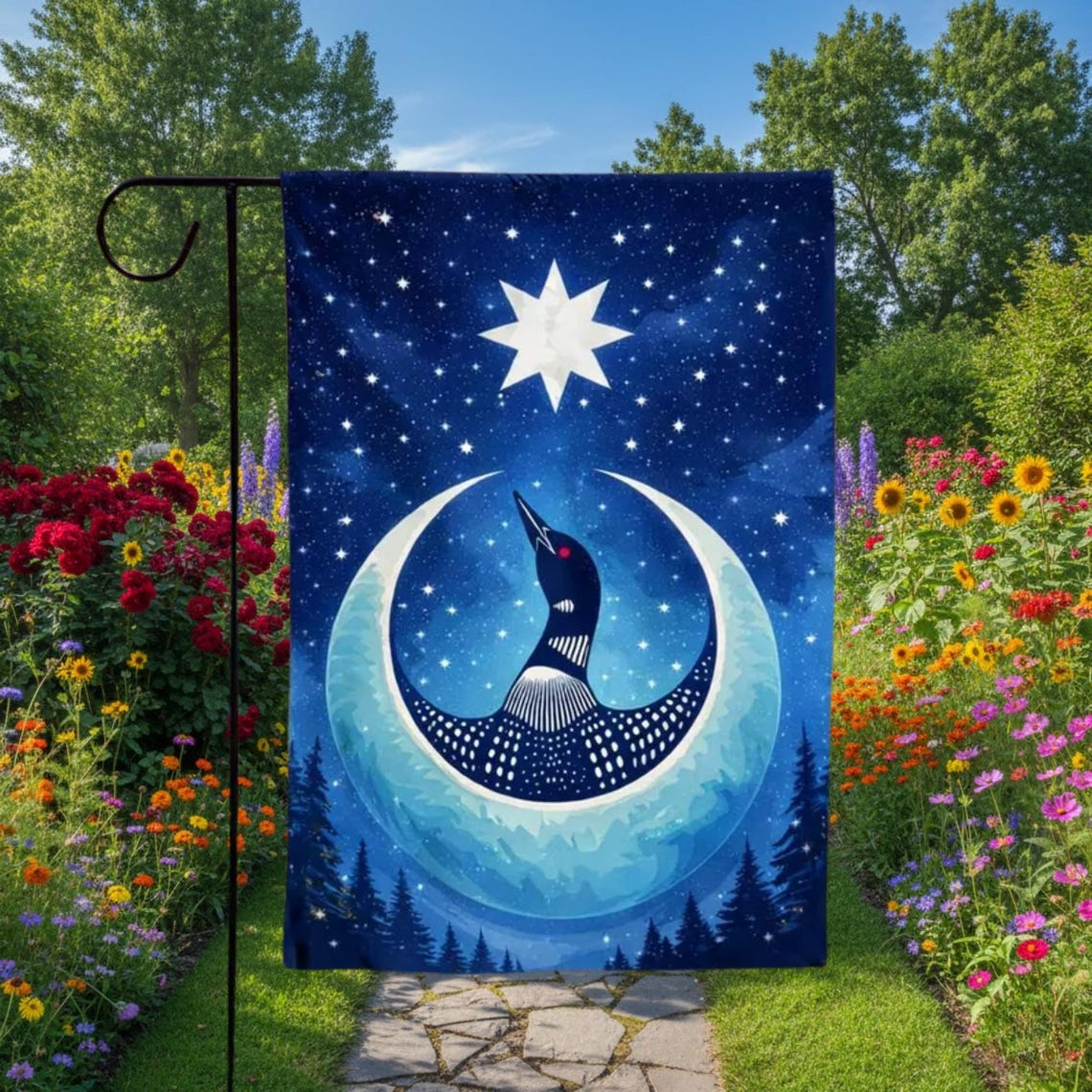 Loon Bird Garden Flag – Starry Crescent Moon Outdoor Yard