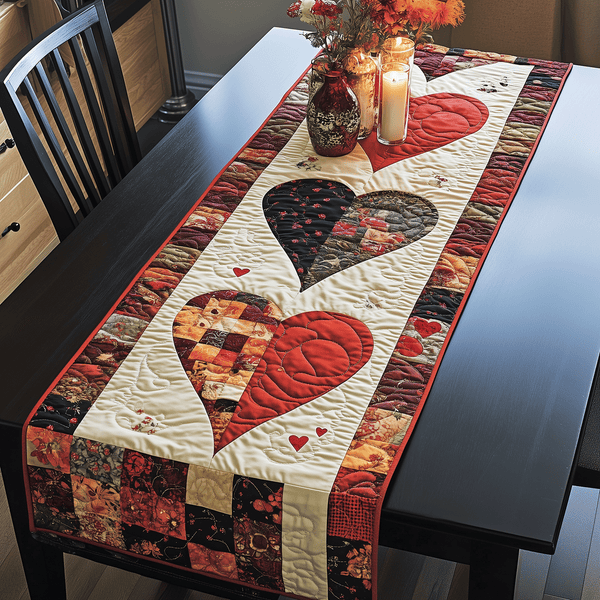 Love Nest Quilted Table Runner BTO2001089, Valentine’s Day Table Runner with Heart Pattern
