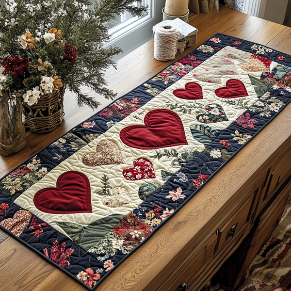 Loving Stitches Quilted Table Runner BTO20010100, Valentine’s Day Table Runner with Heart Pattern