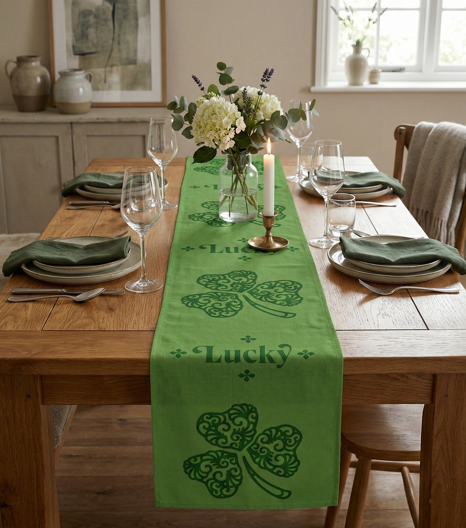 St. Patrick’s Day Shamrock Table Runner for Dining Table – Green Clover Decor