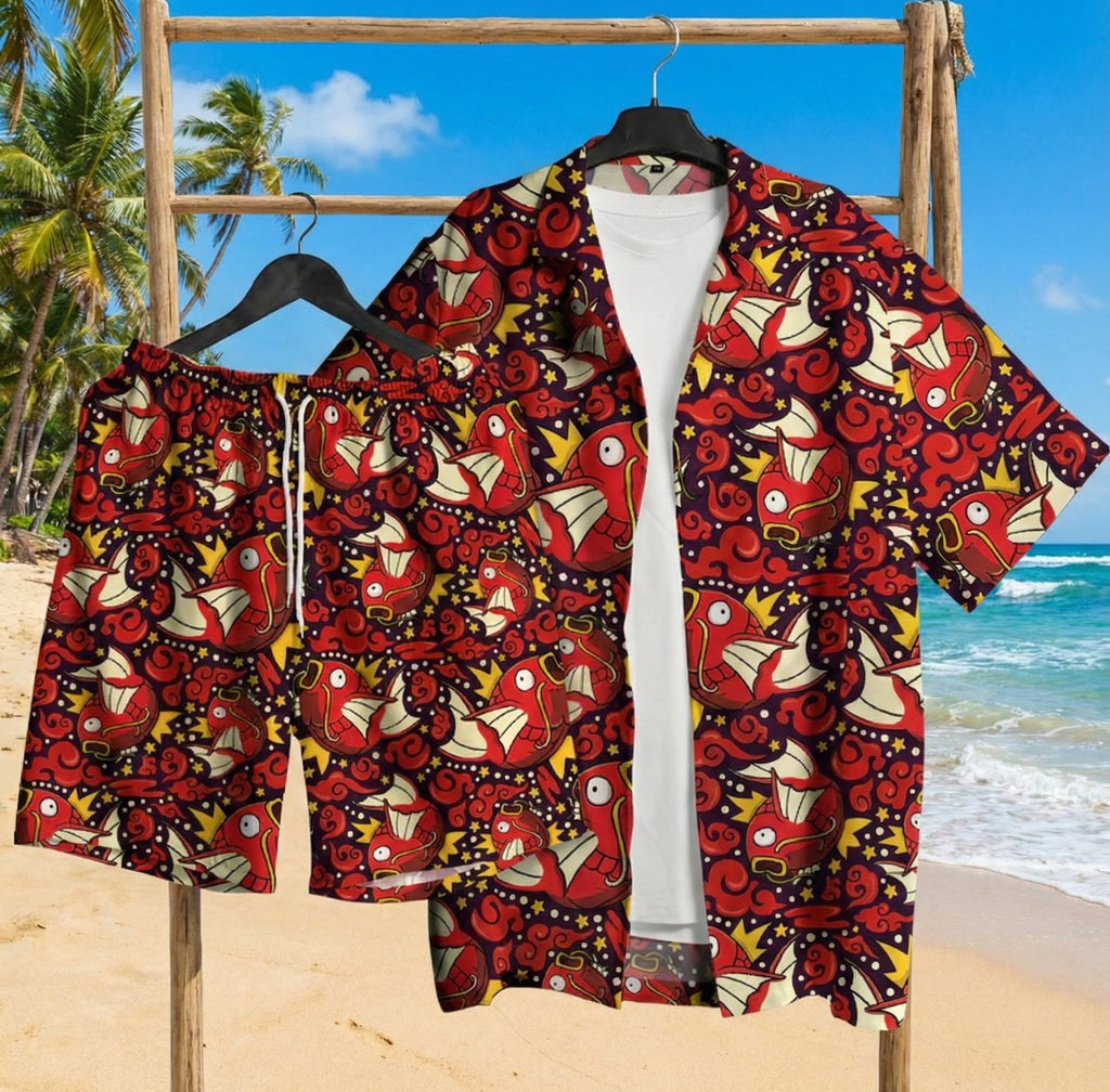 Magikarp Hawaiian Shirt, Tropical Button-Up Beach Shirt with Shorts, Fun Summer Vacation Outfit, Pokemon