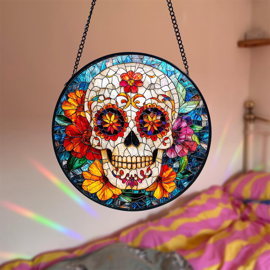 Sugar Skull Stained Glass Window Hanging_ Dia De Los Muertos Decor, Acrylic Stained Glass Clover Suncatcher, Lucky Window Hanging, Boho Green Ornament, Unique Artisan Home Decor