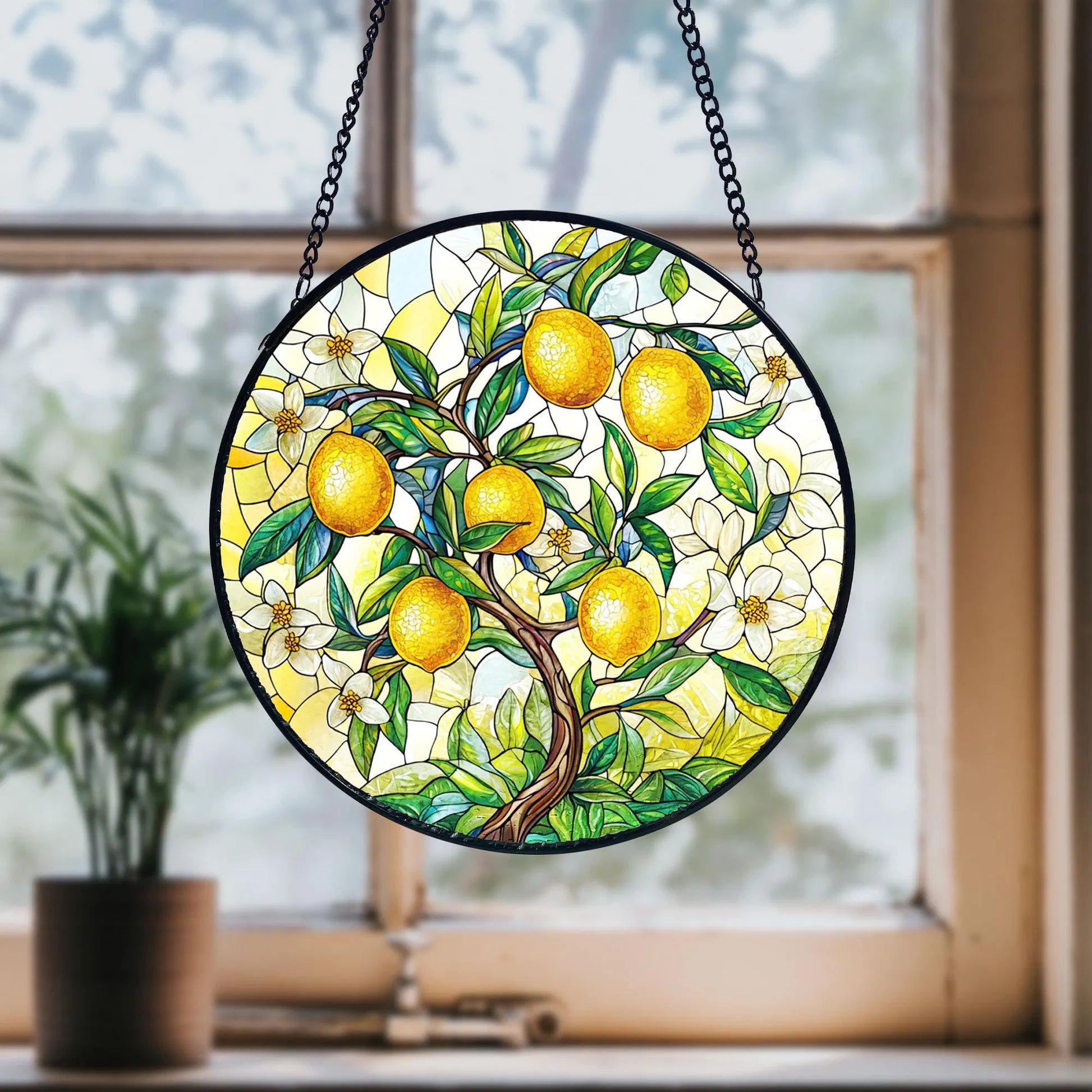 Lemon Branch Stained Glass Suncatcher_ Handmade Window Ornament, Acrylic Stained Glass Sun Catcher, Decorative Window Hanging Art, Colorful Light Reflecting Ornament, Artisan Home Decor Gift